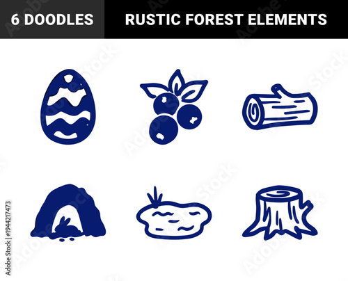 Hand-drawn forest life and woodland nature elements for organic brand identity. Rustic, naive marker sketch illustrations of outdoor wilderness concepts.