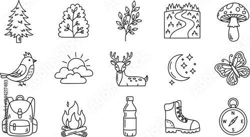 Collection of hand-drawn outdoor and nature icons for camping and adventure themes