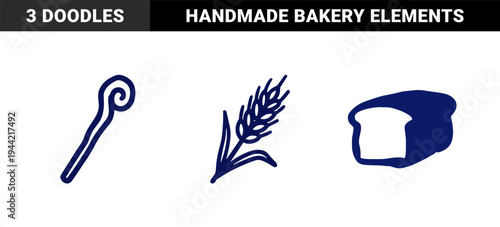 Hand-drawn rustic agricultural and bakery elements for organic branding. Naive marker sketch of wheat stalk, shepherds crook, and bread loaf.