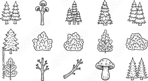 Collection of hand-drawn forest elements including trees, bushes, mushrooms, and branches