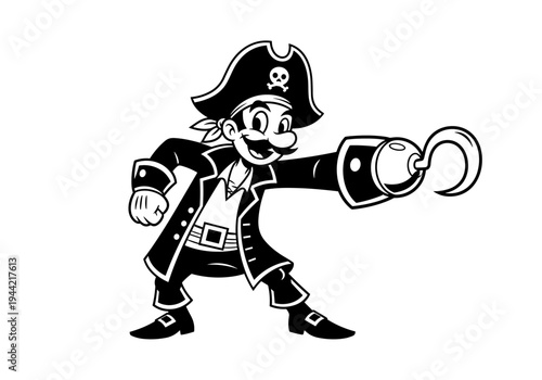 Cartoon Pirate Character with Hook Hand and Hat.