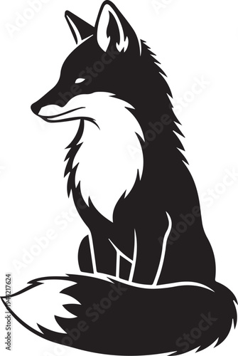 Black and white illustration of a sitting fox with a bushy tail