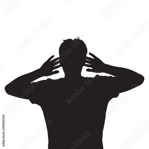 A man covering his ears with both hands facing away from the viewer silhouette