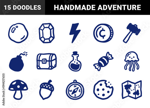 Hand-drawn fantasy adventure and gaming elements for organic brand identity. Rustic, naive marker sketch illustrations featuring quest and treasure concepts.