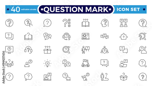 Question mark outline icon button in speech bubble. FAQ sign, customer support and support sign or ask and help signs. Frequently Ask Question. Editable stroke outline icon.
