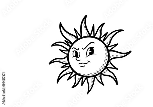 Cartoon Sun Character with Angry Face and Rays.
