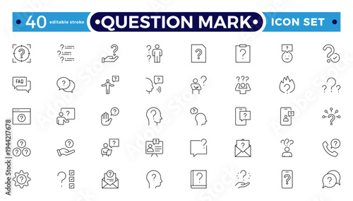 Question mark outline icon button in speech bubble. FAQ sign, customer support and support sign or ask and help signs. Frequently Ask Question. Editable stroke outline icon.
