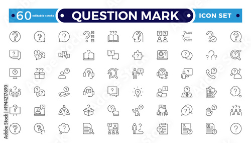 Question mark outline icon button in speech bubble. FAQ sign, customer support and support sign or ask and help signs. Frequently Ask Question. Editable stroke outline icon.
