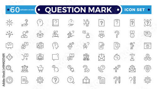 Question mark outline icon button in speech bubble. FAQ sign, customer support and support sign or ask and help signs. Frequently Ask Question. Editable stroke outline icon.
