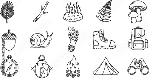 Collection of outdoor adventure and nature icons in a simple line art style