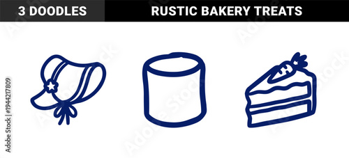 Hand-drawn rustic baking and garden picnic elements featuring sun hat, marshmallow, and carrot cake slice. Naive blue marker sketch illustrations for organic branding.