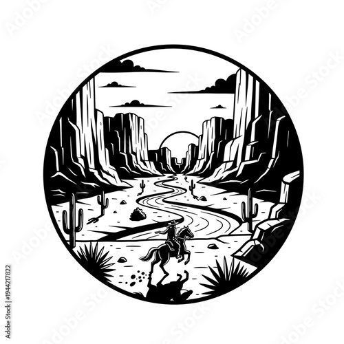 Lone Cowboy Riding Horse Through Desert Canyon Landscape.