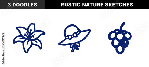 Hand-drawn summer vacation and nature elements in a naive doodle style. Rustic marker sketch featuring a sun hat, lily flower, and bunch of grapes.