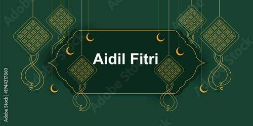 Minimal Eid ul Fitr Greeting Card with Line Art Ketupat, Crescent Moon and Elegant Green Islamic Design