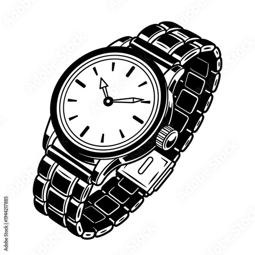 Classic Wristwatch with Metal Band Detailed Illustration.