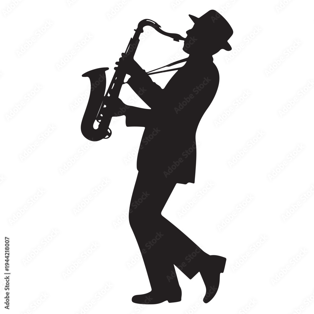 Naklejka premium A jazz musician plays the saxophone in a dramatic silhouette