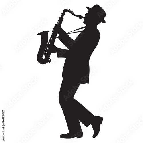 A jazz musician plays the saxophone in a dramatic silhouette