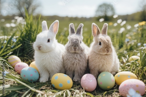Three cute bunnies enjoying a colorful Easter egg hunt in a sunny meadow