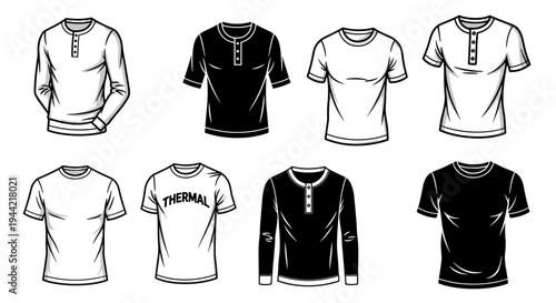Collection of various mens t-shirts and long-sleeved shirts in different styles and colors.