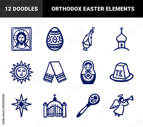 Russian Orthodox Easter and Slavic folklore elements in a rustic block-print doodle style. Hand-drawn cultural symbols for festive religious branding.