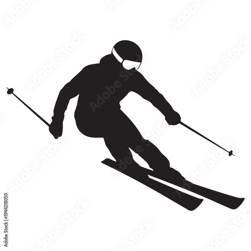 A skier in motion dynamically descending a snowy slope silhouette