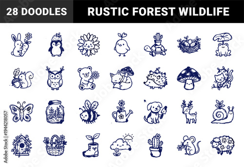Hand-drawn garden and forest animals doodle illustrations for organic branding. Naive blue ink sketches featuring bunny, hedgehog, and nature elements.