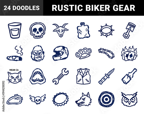Edgy hand-drawn biker and outlaw culture elements for apparel design. Rustic naive marker sketches featuring skulls, animals, and garage gear.