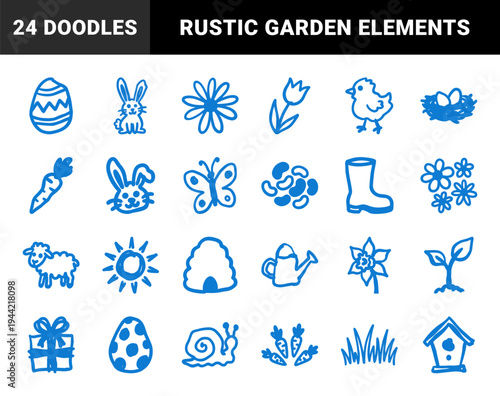 Hand-drawn Easter and spring garden doodles with naive marker sketch aesthetic. Rustic blue ink illustrations for seasonal branding and scrapbooking.