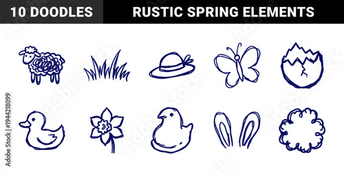 Hand-drawn Easter and springtime doodles for organic holiday branding. Naive blue marker sketch illustrations featuring bunny ears, chick, and lamb.