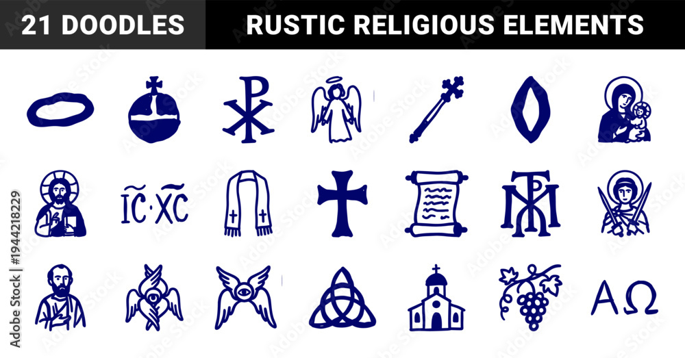 Obraz premium Orthodox Christian symbols and liturgical elements in a naive hand-drawn doodle style. Rustic navy blue marker sketch of religious icons and saints.