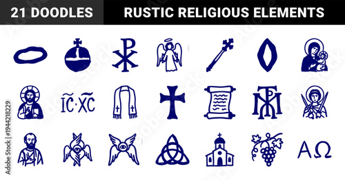 Orthodox Christian symbols and liturgical elements in a naive hand-drawn doodle style. Rustic navy blue marker sketch of religious icons and saints.