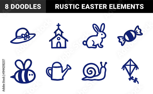 Hand-drawn spring and easter motifs in a naive marker sketch style. Rustic blue line art featuring rabbit, church, bee, and garden elements.