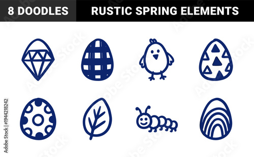 Hand-drawn Easter eggs and spring nature elements for organic holiday branding. Rustic naive marker sketch illustrations in deep blue ink.