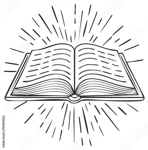 Open book with radiant sunburst effect, vector illustration, literary concept