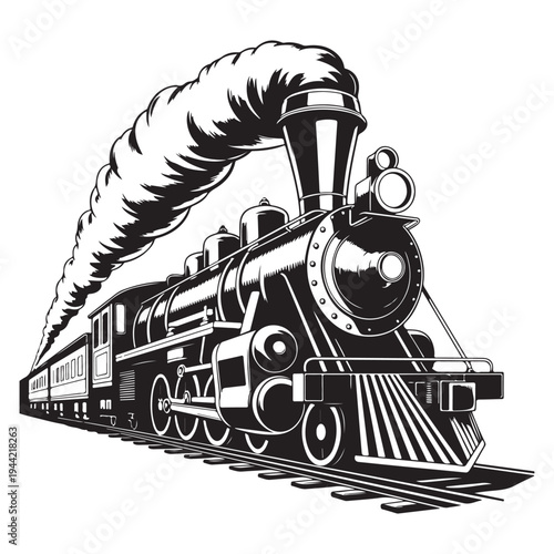 Vintage steam train with billowing smoke a striking black silhouette