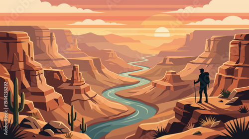 Silhouette of hiker with backpack and trekking pole overlooking a canyon at sunset, the warm colors evoking adventure, exploration, and a sense of awe in nature's grandeur.