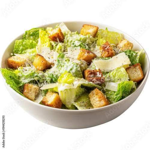 Caesar salad with lettuce, croutons, and dressing served in a bowl on a plain background on transparent background
