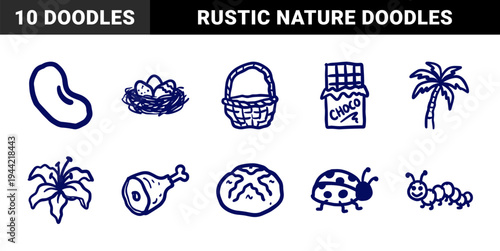 Rustic hand drawn food and nature elements in a naive marker sketch style. Clumsy organic doodle illustrations for casual branding and crafts.