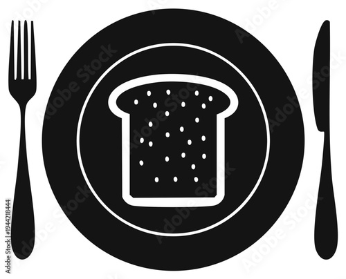Simple illustration of a slice of toast on a plate with fork and knife