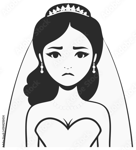 Sad unhappy bride in a wedding dress and veil black and white vector illustration