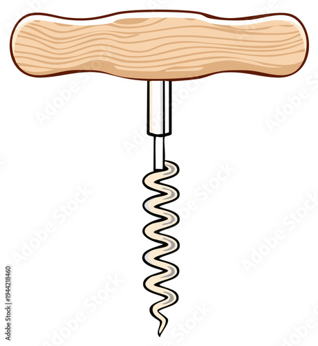 Cartoon corkscrew with a wooden handle and metal spiral for opening wine bottles