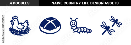 Hand-drawn rustic nature and bakery elements for organic brand identity. Naive marker sketch illustrations featuring chicken, bread, and insects.