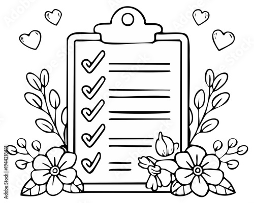 Hand Drawn Checklist Clipboard with Flowers and Hearts for To-Do List and Planning