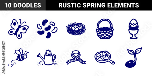 Hand-drawn spring and garden elements featuring rustic bee, butterfly, and bird nest motifs. Naive marker sketch illustrations for organic branding and seasonal decor.