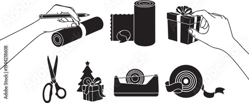 Hands wrapping gifts with tape and colorful paper supplies