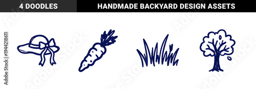 Hand-drawn garden and nature elements with rustic marker sketch aesthetic. Naive doodle illustrations of carrot, sun hat, tree, and grass for organic branding.