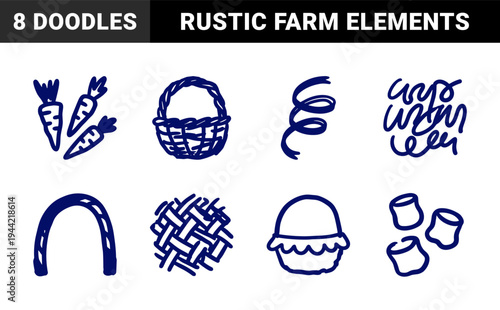 Hand-drawn rustic basket and harvest elements for organic branding. Naive marker sketch illustrations featuring carrots, weaving, and farm life concepts.