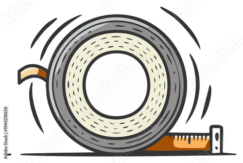 Cartoon illustration of a measuring tape roll and extended tape