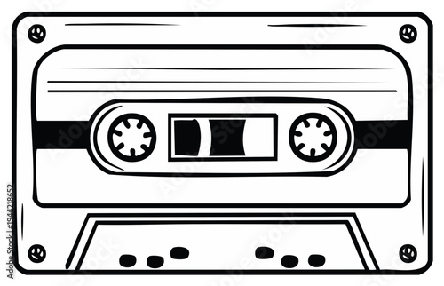 Black and white illustration of a vintage audio cassette tape