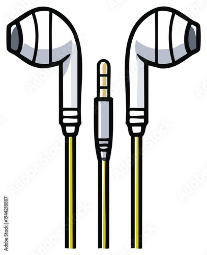 Classic white wired earbuds and audio jack cartoon vector illustration